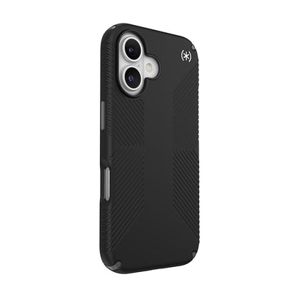 Speck Presidio2 Grip – dėklas iPhone 16 (juodos / skaidrios pilkos / baltos spalvos)
