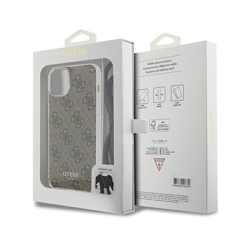 Guess Crossbody Cord 4G Print – iPhone 15 dėklas (rudas)