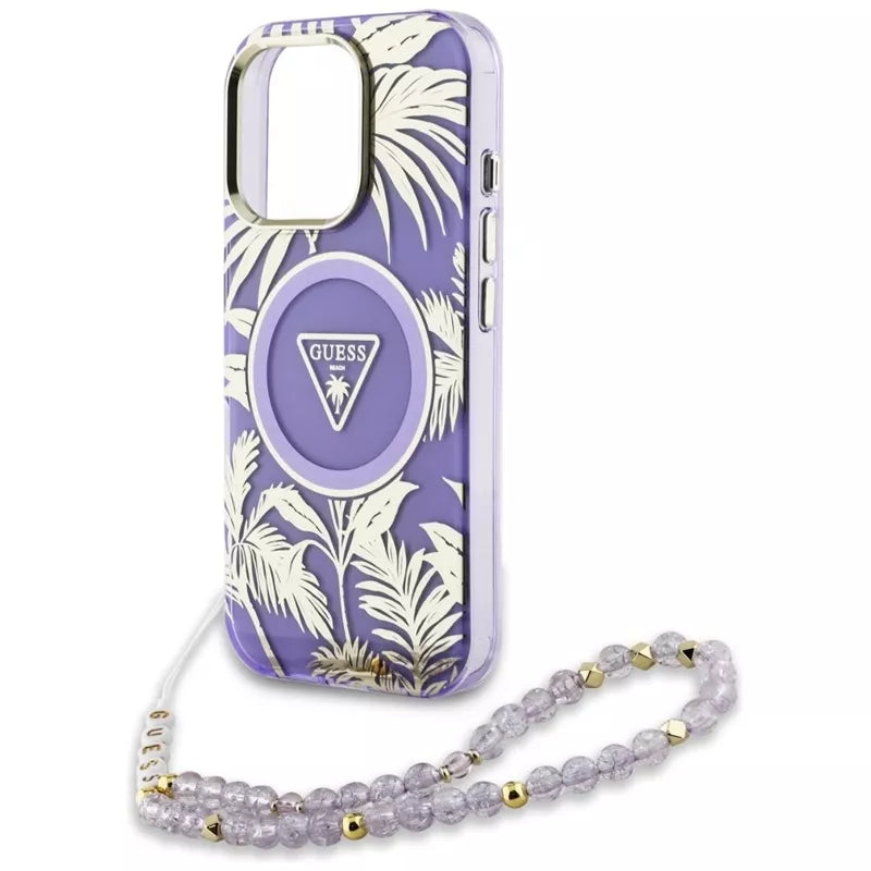 Guess Palm Trees Triangle Pearl Strap MagSafe – „iPhone 16 Pro Max“ dėklas (violetinis)