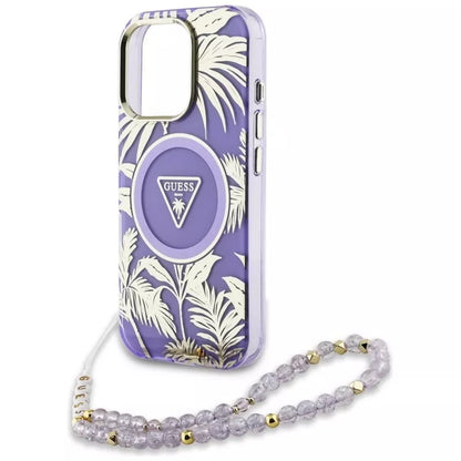 Guess Palm Trees Triangle Pearl Strap MagSafe – „iPhone 16 Pro Max“ dėklas (violetinis)
