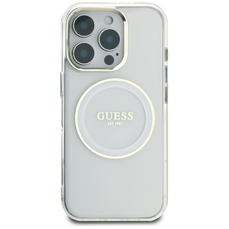 Guess IML Metal Colored Circle Classic Logo MagSafe - dėklas, skirtas iPhone 16 Pro Max (baltas)