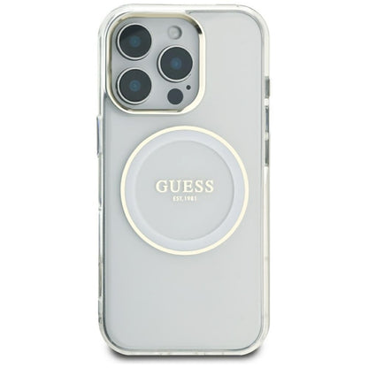 Guess IML Metal Colored Circle Classic Logo MagSafe - dėklas, skirtas iPhone 16 Pro Max (baltas)
