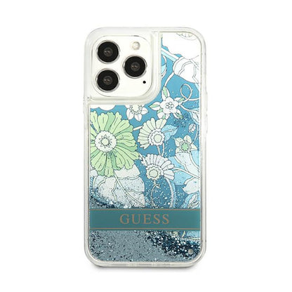Guess Liquid Glitter Flower – „iPhone 13 Pro Max“ dangtis (mėlyna/žalia)