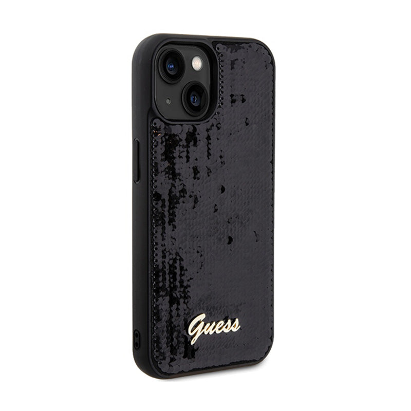 Guess Sequin Script Metal – dėklas, skirtas iPhone 14 (juodas)