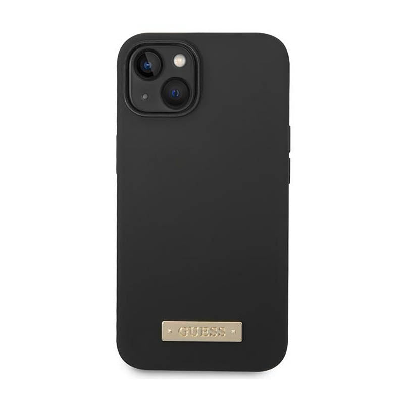 Guess Silicone Logo Plate MagSafe – dėklas iPhone 14 Plus (juodas)