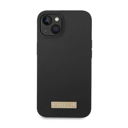 Guess Silicone Logo Plate MagSafe – dėklas iPhone 14 Plus (juodas)