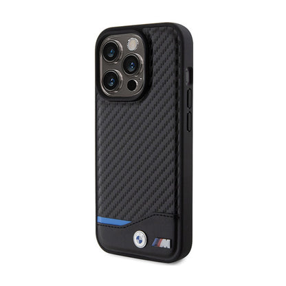 BMW Leather Carbon Blue Line – dėklas, skirtas iPhone 15 Pro (juodas)