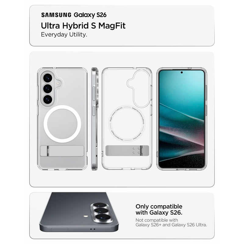 Spigen Ultra Hybrid S Mag MagSafe dėklas Samsung Galaxy S26 (Skaidrus/Baltas)