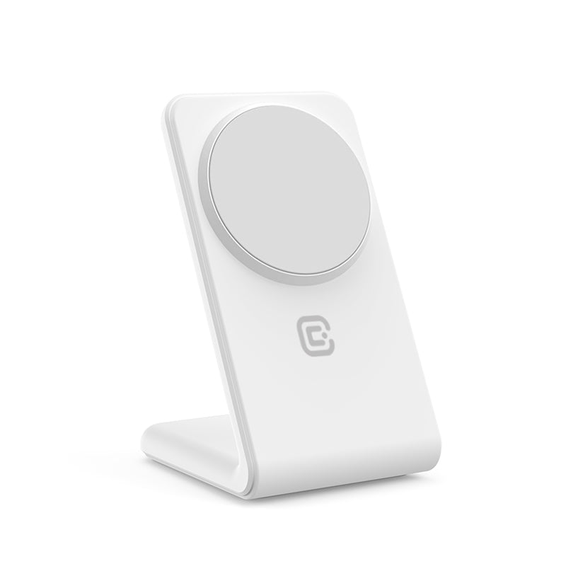 Crong MagSpot Stand - 2-in-1 belaidis įkroviklis su MagSafe, skirtas iPhone ir AirPods (baltas)