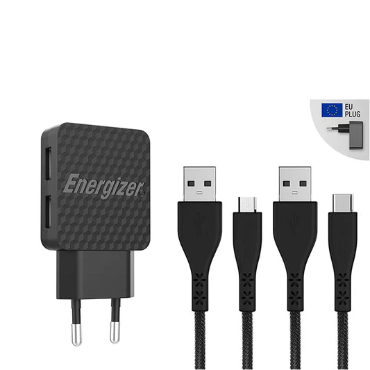 Energizer HardCase – 2x USB-A 12W tinklo įkroviklis + USB-C &amp; Micro USB laidas (juodas)