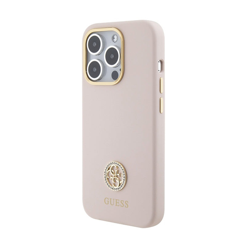 Guess Silicone Logo Strass 4G - iPhone 15 Pro dėklas (rožinis)