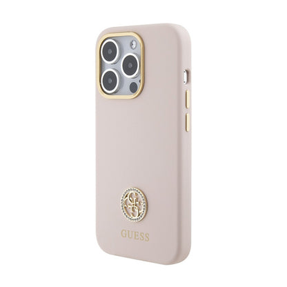Guess Silicone Logo Strass 4G - iPhone 15 Pro dėklas (rožinis)