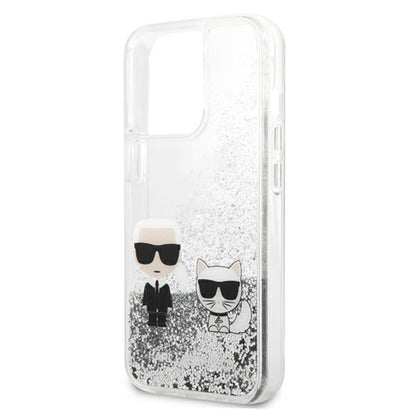 Karl Lagerfeld dėklas su skystais blizgučiais Karl ir Choupette, skirtas iPhone 13 Pro (Sidabrinė)