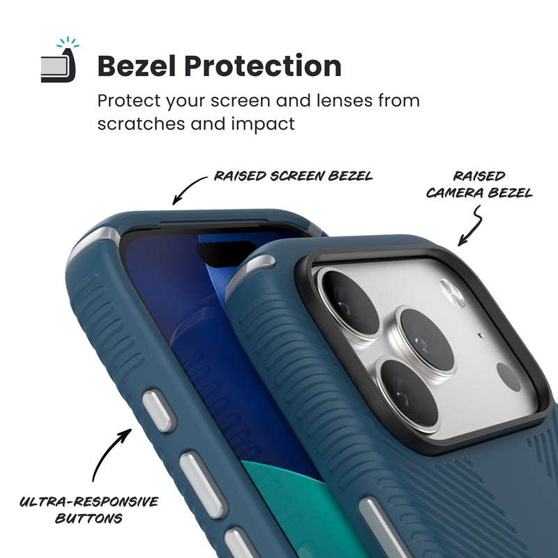 Speck Presidio2 Grip MagSafe – Dėklas iPhone 17 Pro (Tamsiai mėlynos / Sidabro metalo)