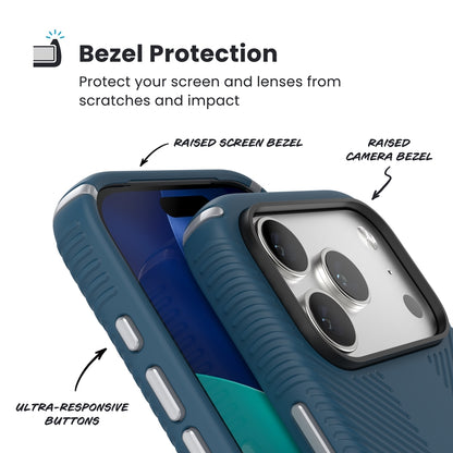Speck Presidio2 Grip MagSafe – Dėklas iPhone 17 Pro (Tamsiai mėlynos / Sidabro metalo)