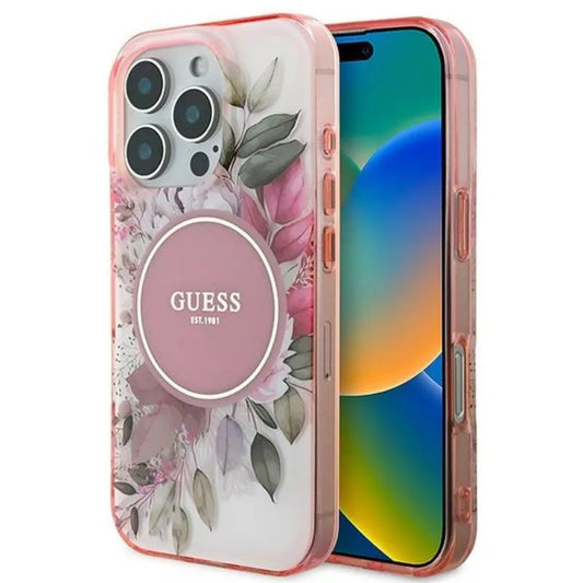 Guess IML Gėlė ir Tonalinis Ratas MagSafe - Dėklas iPhone 16 Pro (Rožinis)