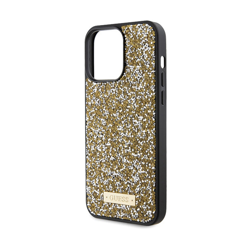 Guess Rhinestone Metal Logo – Dėklas, skirtas „iPhone 15 Pro“ (geltonas)