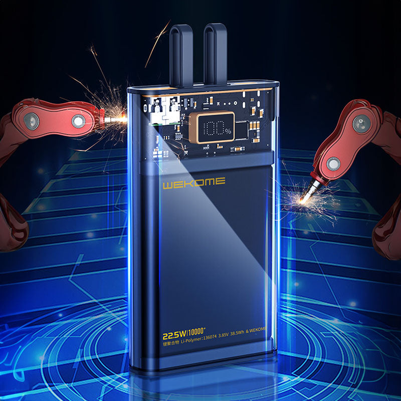 WEKOME WP-323 Vanguard serija - Ypatingai greito įkrovimo maitinimo blokas 10000 mAh su integruotais USB-C ir Lightning kabeliais PD 20W + QC 22.5W (Juoda / Skaidri)