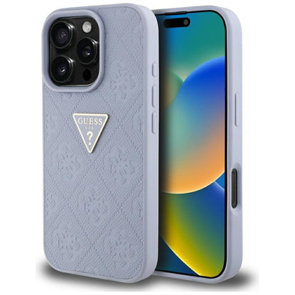 Guess Hot Stamp 4G Pattern Triangle Metal Logo - dėklas iPhone 16 Pro (violetinis)