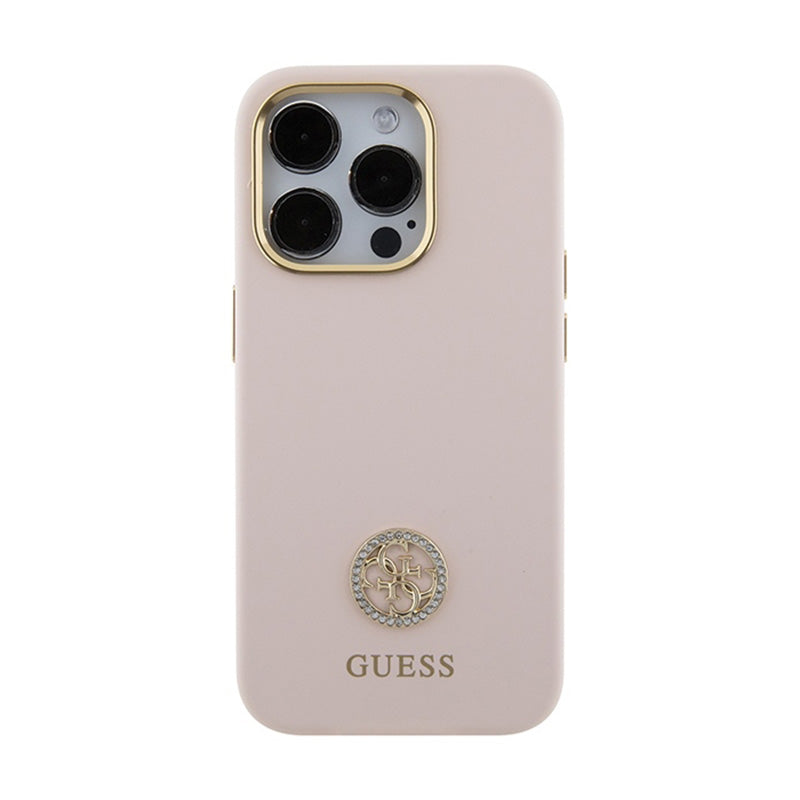 Guess Silicone Logo Strass 4G - iPhone 15 Pro dėklas (rožinis)