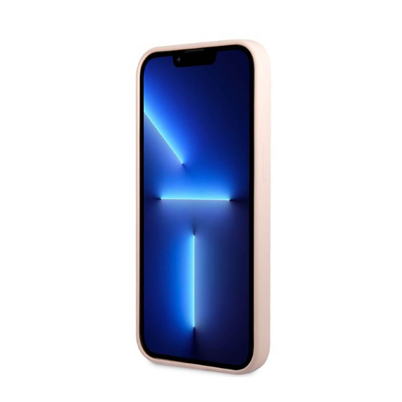 Guess Silicone Logo Plate MagSafe – dėklas, skirtas iPhone 13 (rožinis)