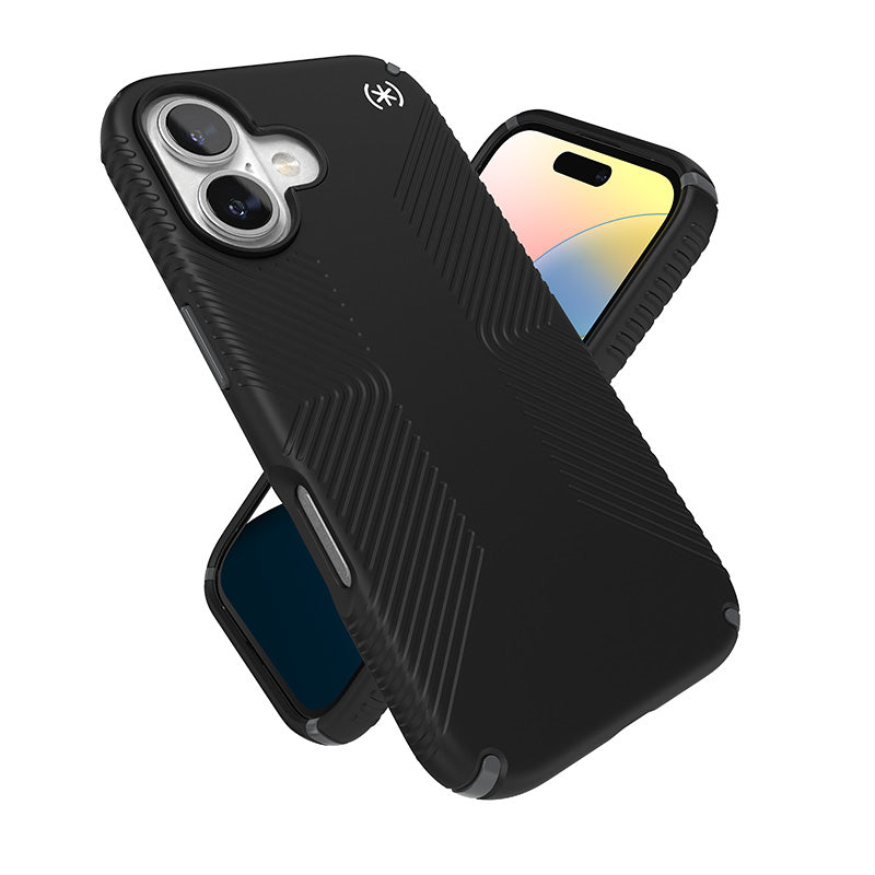 Speck Presidio2 Grip – dėklas iPhone 16 (juodos / skaidrios pilkos / baltos spalvos)