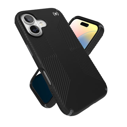 Speck Presidio2 Grip – dėklas iPhone 16 (juodos / skaidrios pilkos / baltos spalvos)