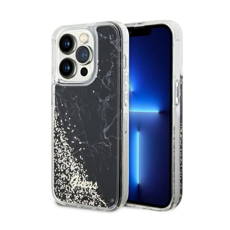 Guess Liquid Glitter Marble – dėklas iPhone 14 Pro (juodas)