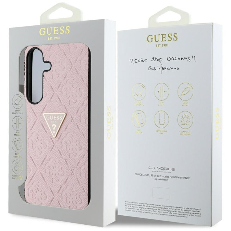 Guess Hot Stamp 4G Pattern Triangle Metal Logo – Dėklas, skirtas Samsung Galaxy S25 (rožinis)