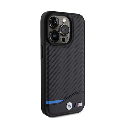 BMW Leather Carbon Blue Line – dėklas, skirtas iPhone 15 Pro (juodas)