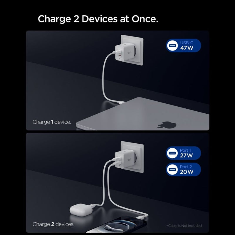Spigen Essential EE472EU GaN Pro – Sieninis įkroviklis 2x USB-C 47W (Baltas)