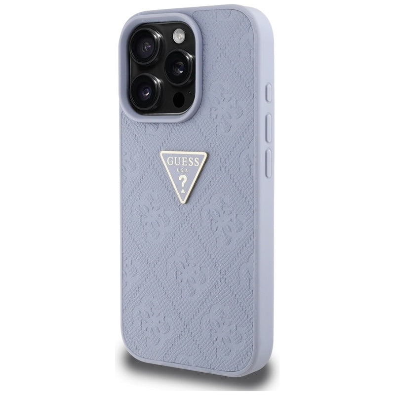 Guess Hot Stamp 4G Pattern Triangle Metal Logo - dėklas iPhone 16 Pro (violetinis)