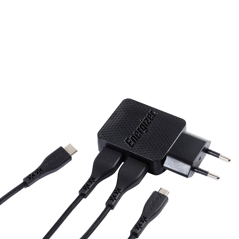 Energizer HardCase – 2x USB-A 12W tinklo įkroviklis + USB-C &amp; Micro USB laidas (juodas)
