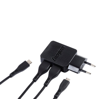Energizer HardCase – 2x USB-A 12W tinklo įkroviklis + USB-C &amp; Micro USB laidas (juodas)