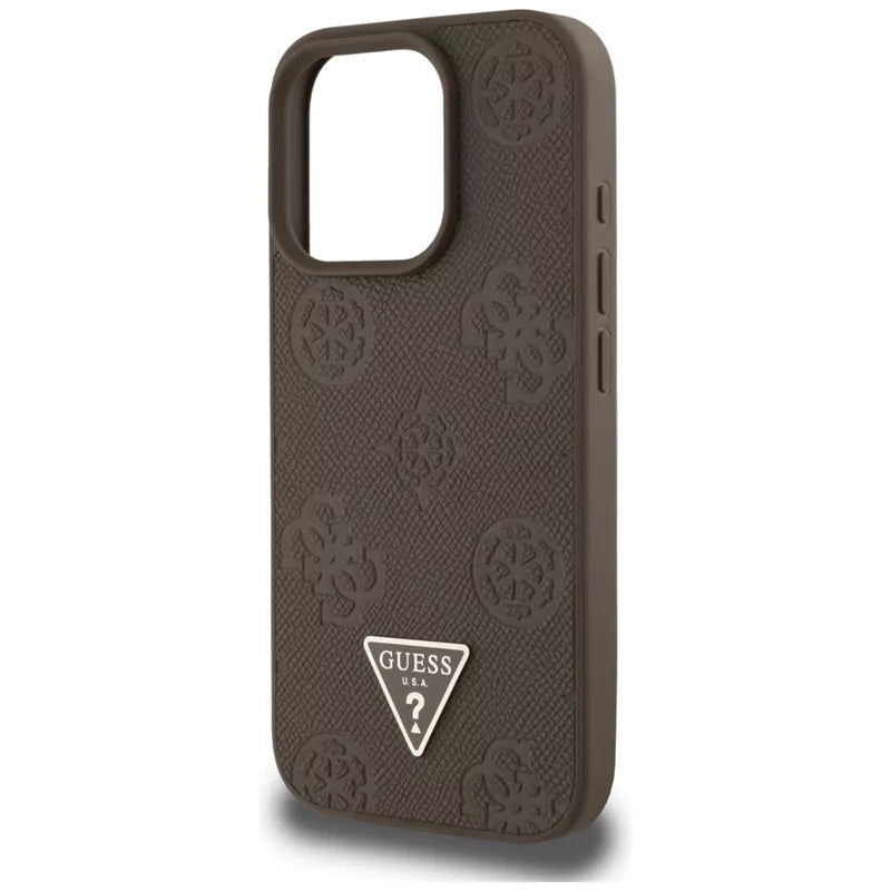 Guess Grained Hot Stamp Peony Triangle Logo MagSafe – dėklas, skirtas iPhone 16 Pro (rudas)