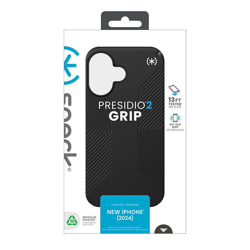 Speck Presidio2 Grip – dėklas iPhone 16 (juodos / skaidrios pilkos / baltos spalvos)