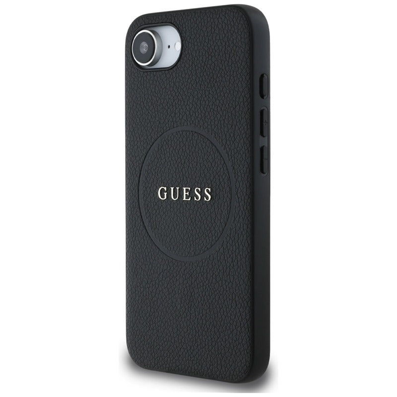 Guess Grained Ring MagSafe – dėklas, skirtas iPhone 16e (juodos spalvos)