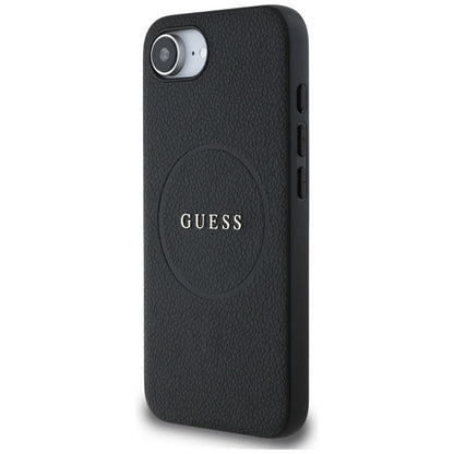 Guess Grained Ring MagSafe – dėklas, skirtas iPhone 16e (juodos spalvos)