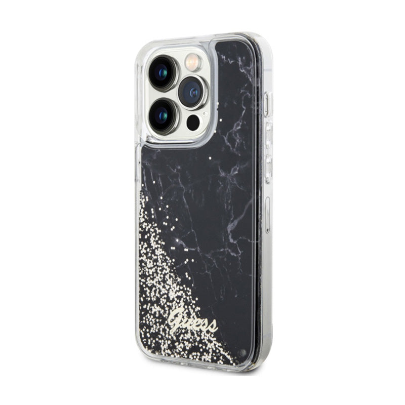 Guess Liquid Glitter Marble – dėklas iPhone 14 Pro (juodas)