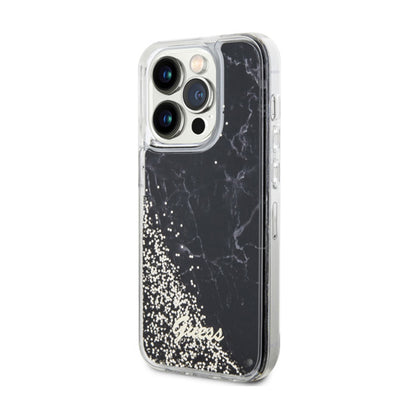 Guess Liquid Glitter Marble – dėklas iPhone 14 Pro (juodas)