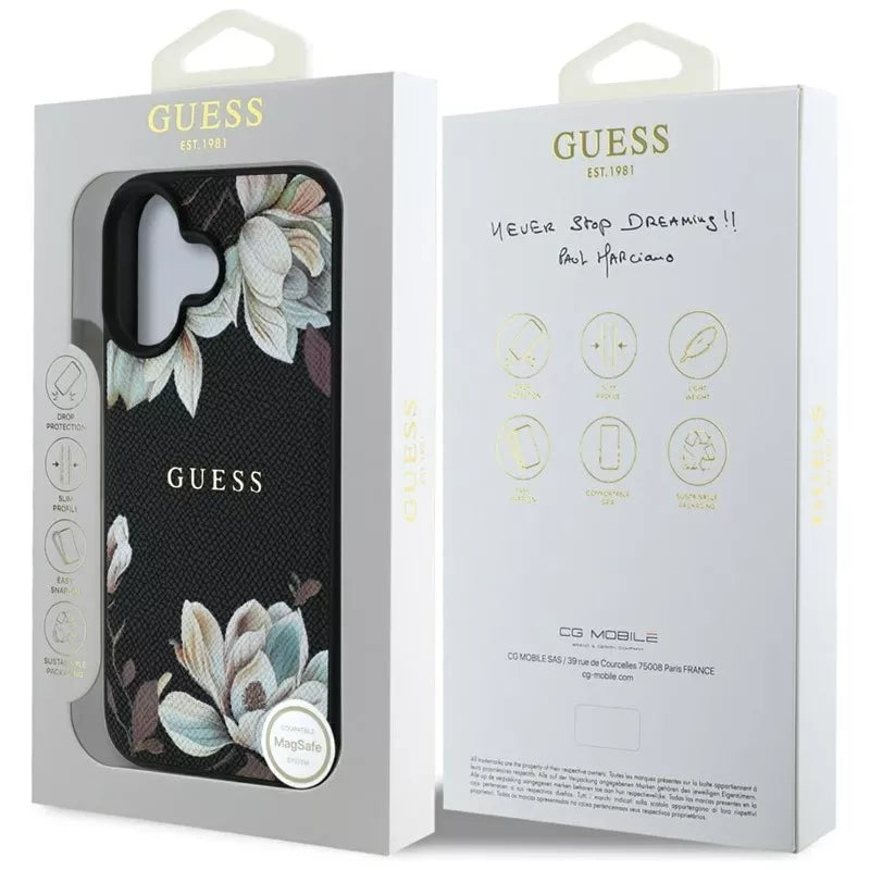 Guess Grained Printed Flower Pattern MagSafe - dėklas iPhone 16 (juodas)
