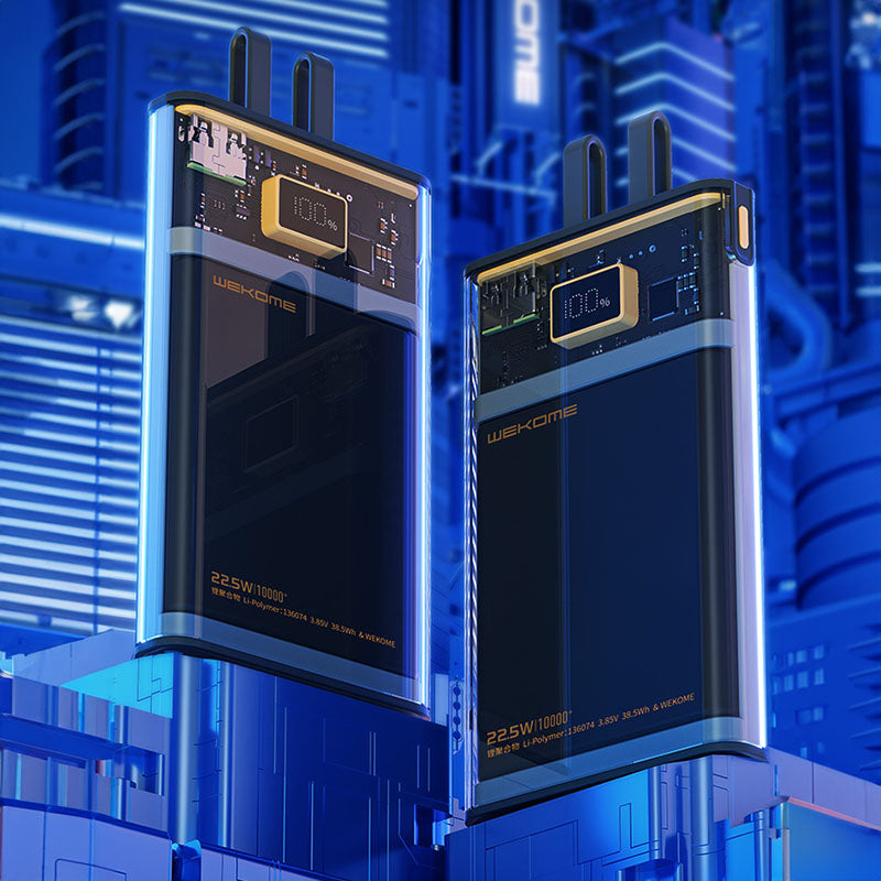 WEKOME WP-323 Vanguard serija - Ypatingai greito įkrovimo maitinimo blokas 10000 mAh su integruotais USB-C ir Lightning kabeliais PD 20W + QC 22.5W (Juoda / Skaidri)