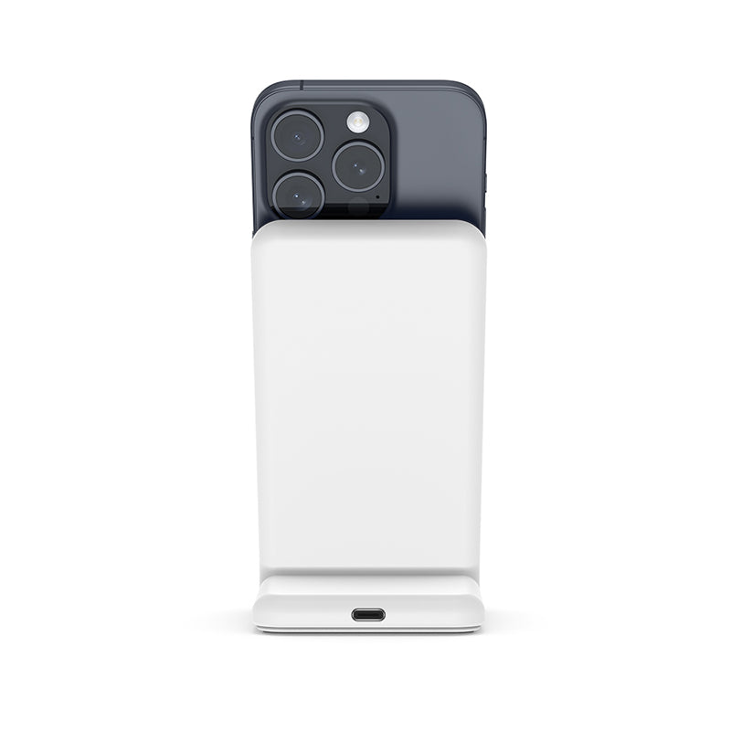 Crong MagSpot Stand - 2-in-1 belaidis įkroviklis su MagSafe, skirtas iPhone ir AirPods (baltas)
