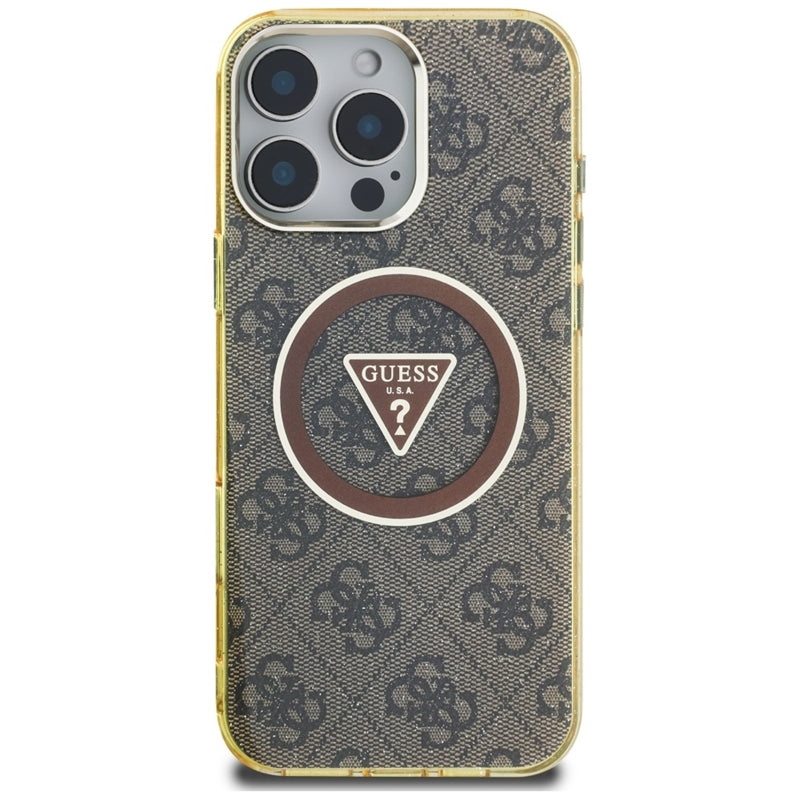 Guess IML Metal Glitter 4G Circle Triangle MagSafe – dėklas, skirtas iPhone 16 Pro Max (rudas)