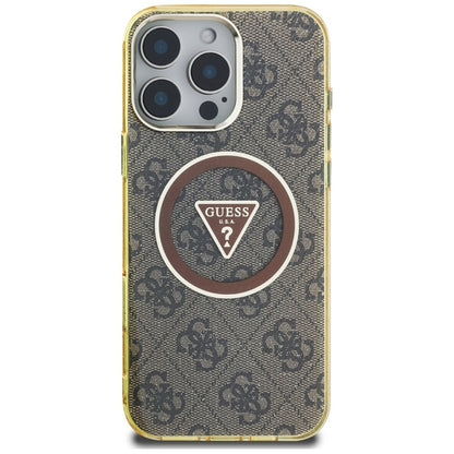 Guess IML Metal Glitter 4G Circle Triangle MagSafe – dėklas, skirtas iPhone 16 Pro Max (rudas)