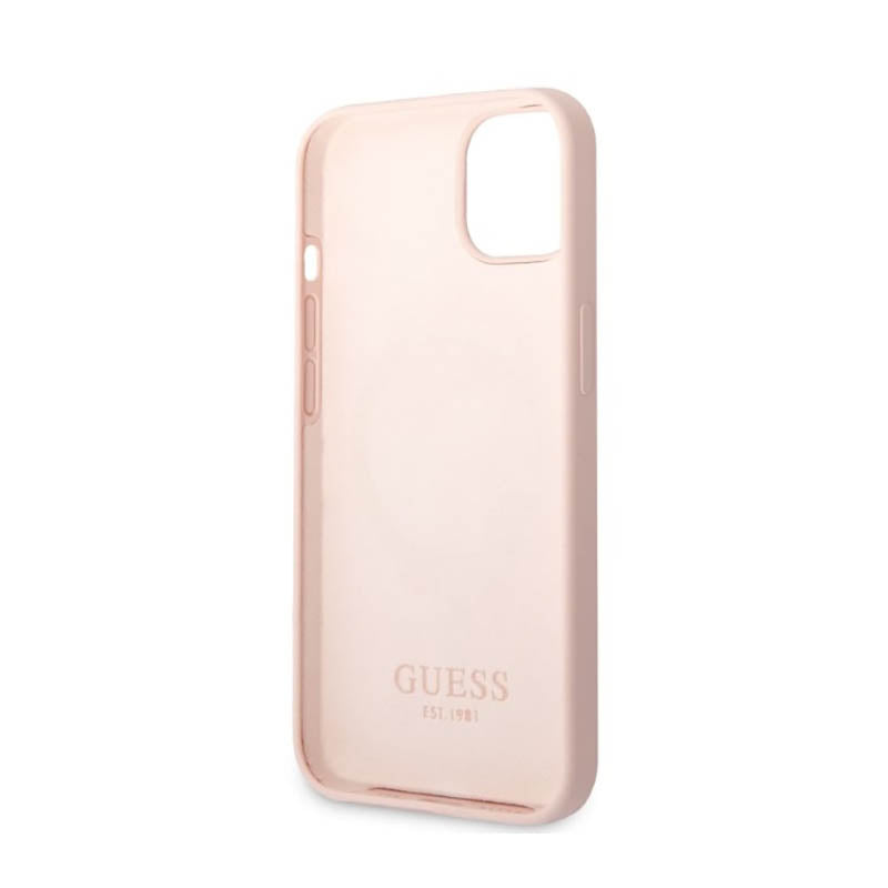 Guess Silicone Logo Plate MagSafe – dėklas, skirtas iPhone 13 (rožinis)