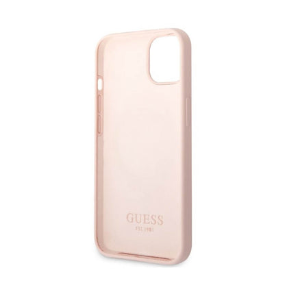 Guess Silicone Logo Plate MagSafe – dėklas, skirtas iPhone 13 (rožinis)