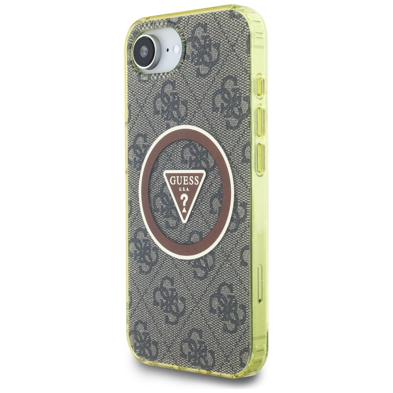 Guess IML Metal Glitter 4G Circle Triangle MagSafe Dėklas iPhone 16e (ruda)