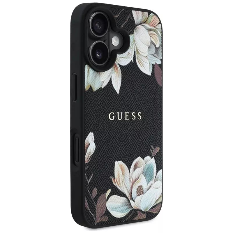 Guess Grained Printed Flower Pattern MagSafe - dėklas iPhone 16 (juodas)