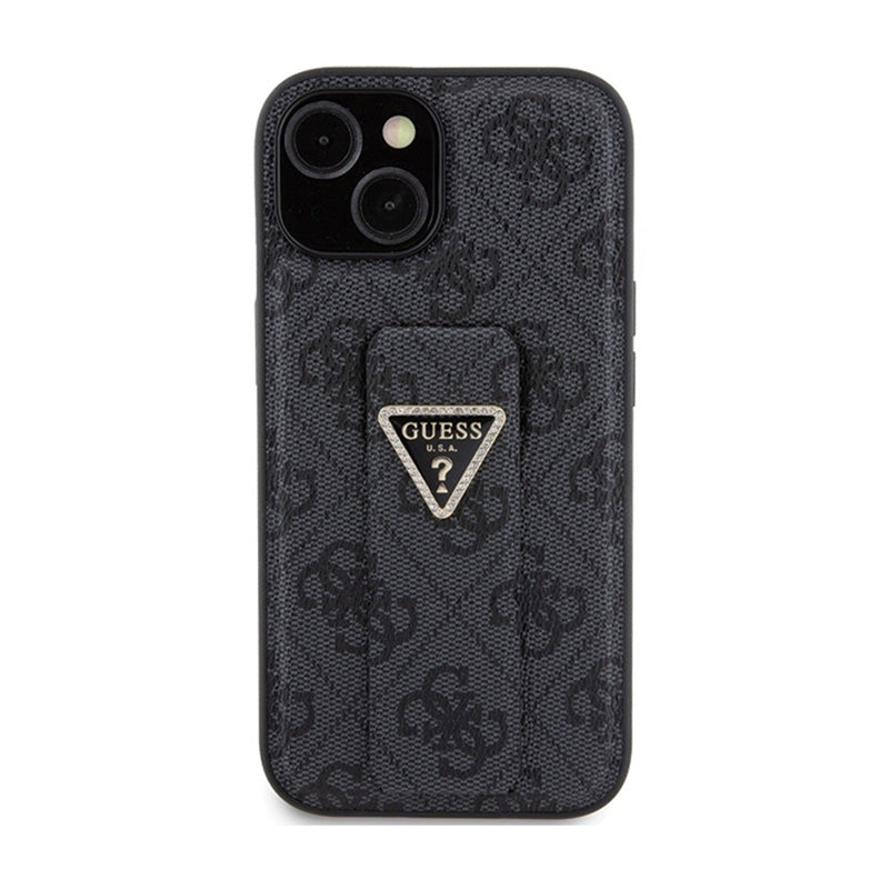 Guess Grip Stand 4G Triangle Strass Logo - iPhone 15 dėklas (juodas)